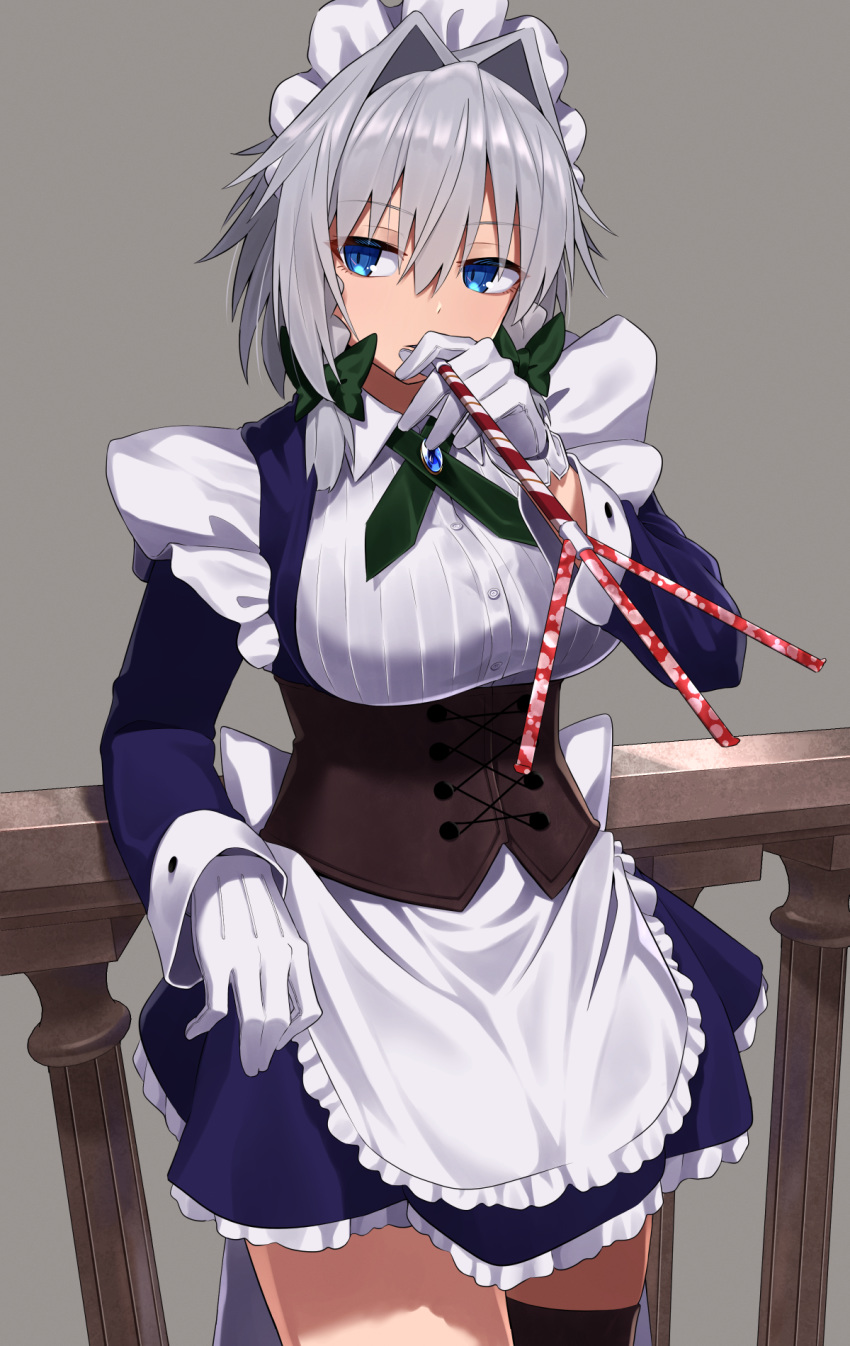 1girl apron bangs blue_dress blue_eyes bodice bow braid breasts dress eyebrows_visible_through_hair frilled_dress frills gloves green_bow greenkohgen grey_background grey_hair hair_bow highres izayoi_sakuya large_breasts long_sleeves maid maid_headdress party_whistle railing simple_background solo touhou twin_braids white_apron white_gloves