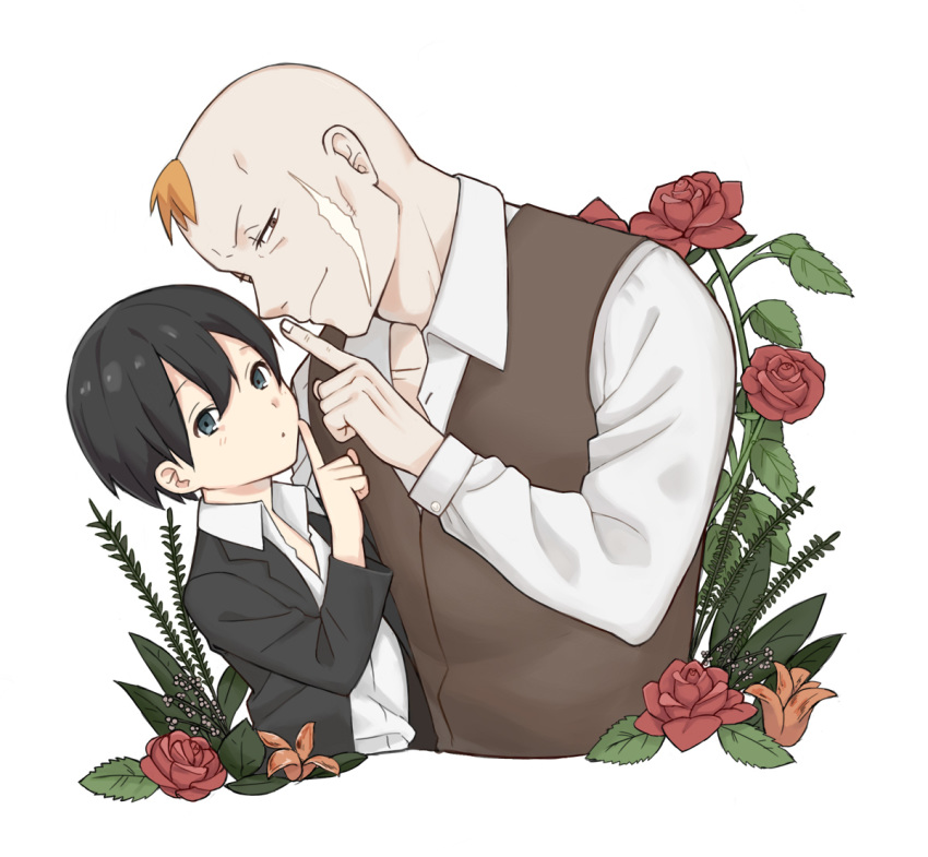 2boys black_eyes black_hair darren_shan facial_scar flower formal index_finger_raised larten_crepsley multiple_boys orange_hair red_eyes red_flower red_rose rose scar short_hair smile suit the_saga_of_darren_shan vest