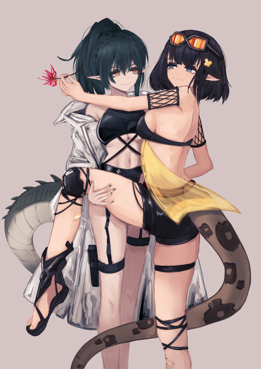 2girls absurdres alternate_hairstyle arknights bandeau bangs black_hair black_shorts blue_eyes breasts brown_eyes commentary_request crocodilian_tail eunectes_(arknights) flower gavial_(arknights) goggles goggles_on_head grey_background highres holding holding_flower knee_pads lewenxijian looking_at_another medium_breasts multiple_girls navel pointy_ears ponytail red_flower short_hair short_shorts shorts simple_background snake_tail standing stomach tail thigh_strap thighs