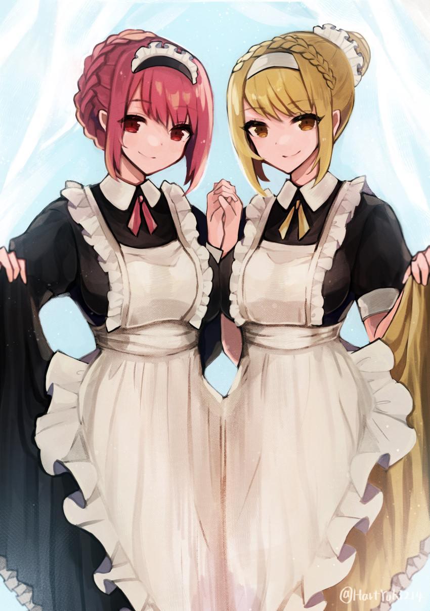 2girls absurdres alternate_costume apron bangs breasts enmaided haruto_yuki highres large_breasts maid maid_apron maid_headdress multiple_girls mythra_(xenoblade) pyra_(xenoblade) red_eyes redhead short_hair swept_bangs xenoblade_chronicles_(series) xenoblade_chronicles_2 yellow_eyes