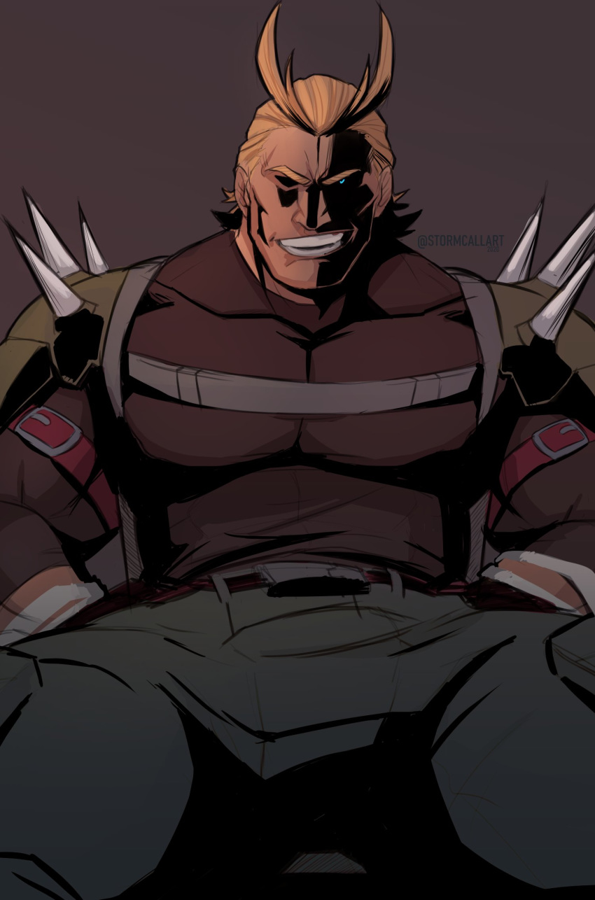 1boy all_might alternate_costume antenna_hair bara blonde_hair blue_eyes boku_no_hero_academia chest chest_harness covered_eyes flying full_body hair_slicked_back harness highres male_focus muscle pants short_hair smile spikes stormcallart thick_thighs thighs tight
