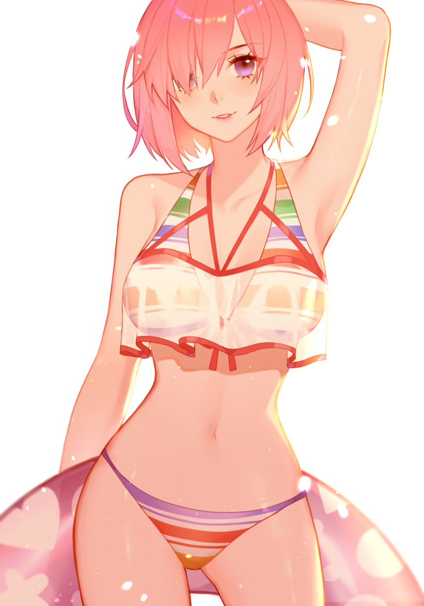 1girl absurdres arm_behind_head arm_up bikini blush breasts cowboy_shot crop_top crop_top_overhang eyelashes fate/grand_order fate_(series) hair_over_one_eye highres holding innertube jesse_(pixiv34586727) layered_bikini looking_at_viewer mash_kyrielight medium_breasts navel parted_lips pink_hair purple_hair see-through short_hair simple_background smile solo striped striped_bikini swimsuit violet_eyes white_background
