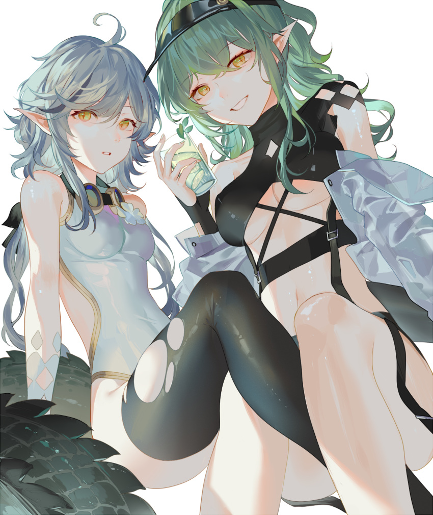 2girls antenna_hair arknights bangs bare_shoulders black_legwear breasts cup drinking_glass eyebrows_visible_through_hair gavial_(arknights) green_hair grin hair_between_eyes hand_up highres hillly_(maiwetea) holding holding_cup long_hair medium_breasts multiple_girls navel off_shoulder parted_lips pointy_ears silver_hair simple_background small_breasts smile stomach tail thigh-highs thighs tomimi_(arknights) visor_cap white_background yellow_eyes