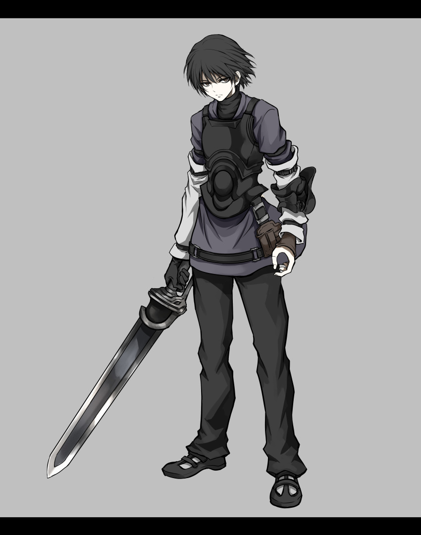 1boy absurdres armor black_armor black_footwear black_gloves black_hair breastplate brown_eyes caim closed_mouth drag-on_dragoon fingernails full_body gloves grey_background hair_between_eyes highres holding holding_sword holding_weapon male_focus shimoda_masaya simple_background single_glove solo standing sword turtleneck weapon