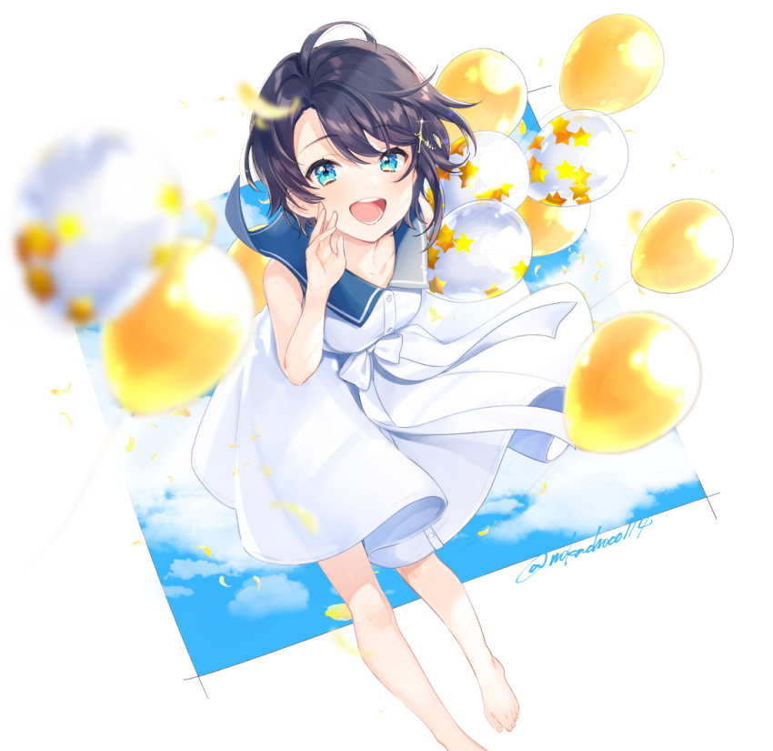 1girl :d balloon bangs black_hair blue_eyes blue_sky blurry_foreground breasts clouds collarbone dress eyebrows_visible_through_hair hair_ornament hololive light_blush looking_at_viewer lower_teeth medium_breasts nokachoco114 oozora_subaru open_mouth sailor_collar signature sky sleeveless sleeveless_dress smile solo star_(symbol) star_print twitter_username upper_body virtual_youtuber white_dress