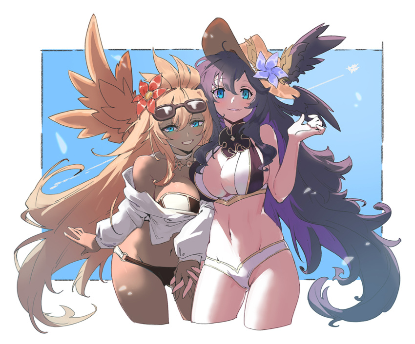 2girls arashi_(alais) ass_visible_through_thighs bikini blue_eyes breasts choker cowboy_shot cropped_legs dark_skin eyewear_on_head flower granblue_fantasy grin hair_flower hair_ornament harut_(granblue_fantasy) hat holding_hands interlocked_fingers large_breasts light_brown_hair long_hair looking_at_viewer marut_(granblue_fantasy) multiple_girls navel o-ring o-ring_bottom outside_border purple_hair sidelocks smile sun_hat sunglasses swimsuit very_long_hair