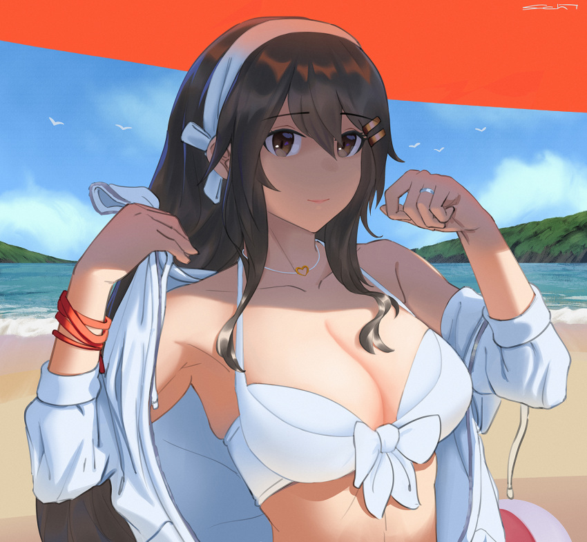 1girl beach bikini bikini_top black_hair blue_sky breasts brown_eyes collarbone day echt front-tie_bikini front-tie_top hair_ornament hairband hairclip haruna_(kantai_collection) heart heart_necklace highres jacket kantai_collection long_hair medium_breasts ocean official_alternate_costume open_clothes open_jacket outdoors sky solo swimsuit upper_body white_bikini white_hairband white_jacket