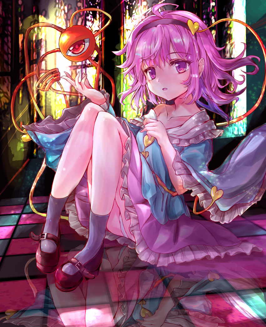 1girl absurdres ahoge arms_up bangs bare_shoulders blue_shirt blurry blurry_background calf_socks checkered checkered_floor commentary_request eyebrows_visible_through_hair frilled_sleeves frills hair_ornament hairband hand_on_own_chest heart heart_hair_ornament highres ikazuchi_akira knees_up komeiji_satori long_sleeves looking_at_viewer off-shoulder_shirt off_shoulder panties pantyshot parted_lips partial_commentary pink_skirt purple_hair red_footwear reflection reflective_floor shirt short_hair sitting skirt solo stained_glass third_eye tile_floor tiles touhou underwear violet_eyes white_legwear white_panties wide_sleeves