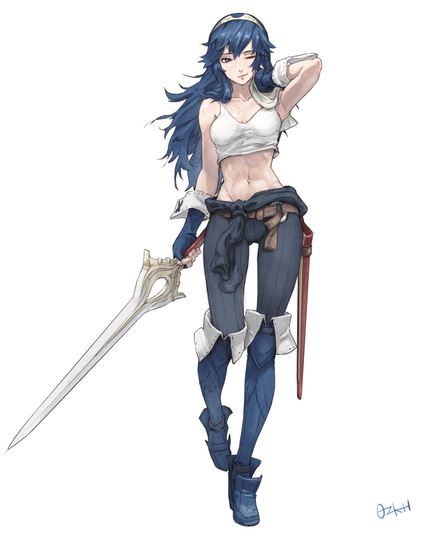 1girl abs arm_up armpits bangs belt blue_eyes blue_footwear blue_gloves blue_hair brown_belt closed_mouth crop_top falchion_(fire_emblem) fingerless_gloves fire_emblem fire_emblem_awakening full_body gloves highres holding holding_sword holding_weapon long_hair lucina lucina_(fire_emblem) navel one_eye_closed ozkh6 pink_lips sheath signature smile standing stomach sword tiara tied_sweater towel weapon white_background white_towel wrist_cuffs