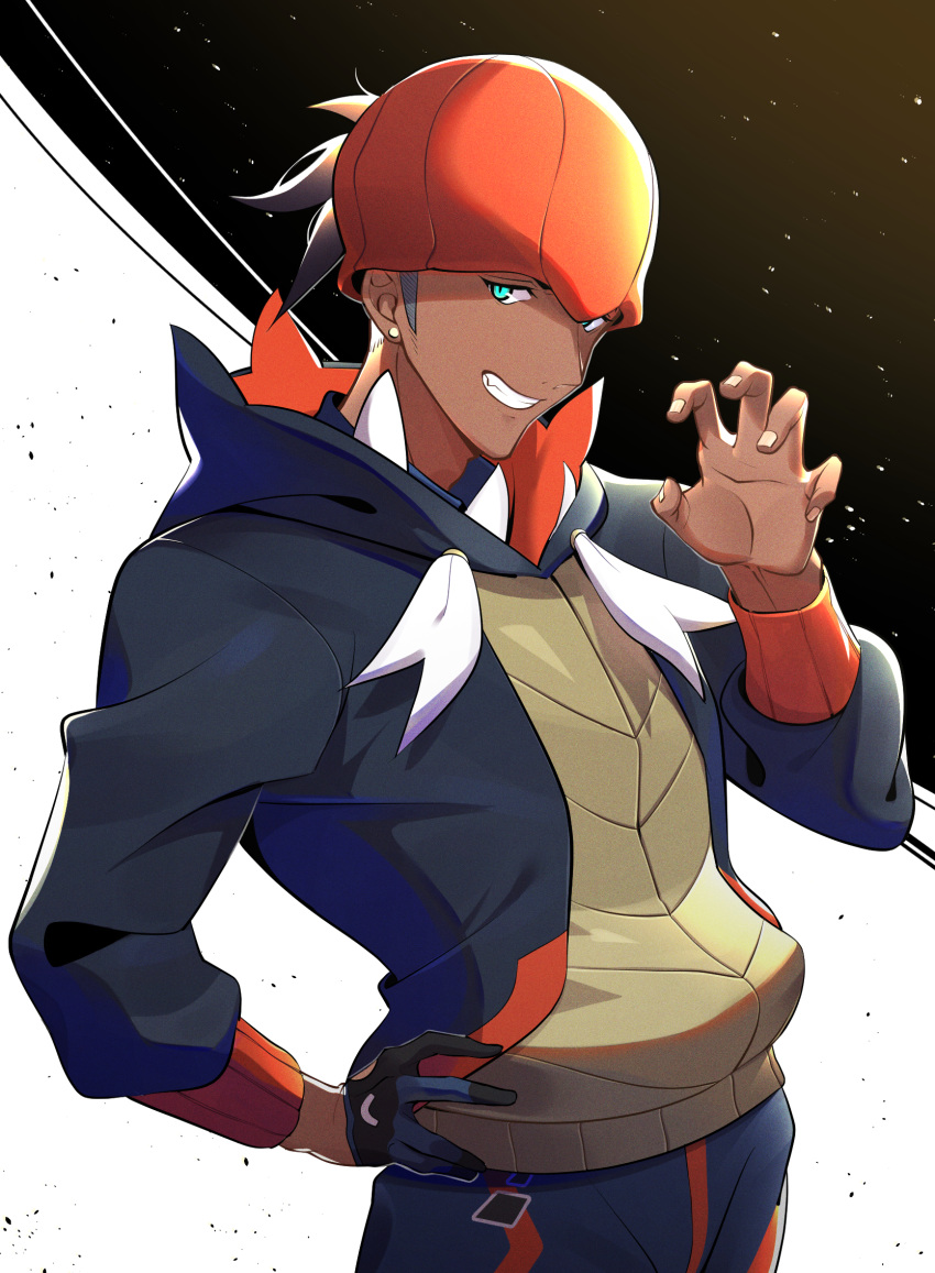 1boy aqua_eyes black_hair black_hoodie commentary dark_skin dark_skinned_male earrings fingernails gloves gym_leader hand_on_hip hand_up highres hood hood_down jewelry male_focus orange_headwear pokemon pokemon_(game) pokemon_swsh raihan_(pokemon) single_glove smile solo takom teeth