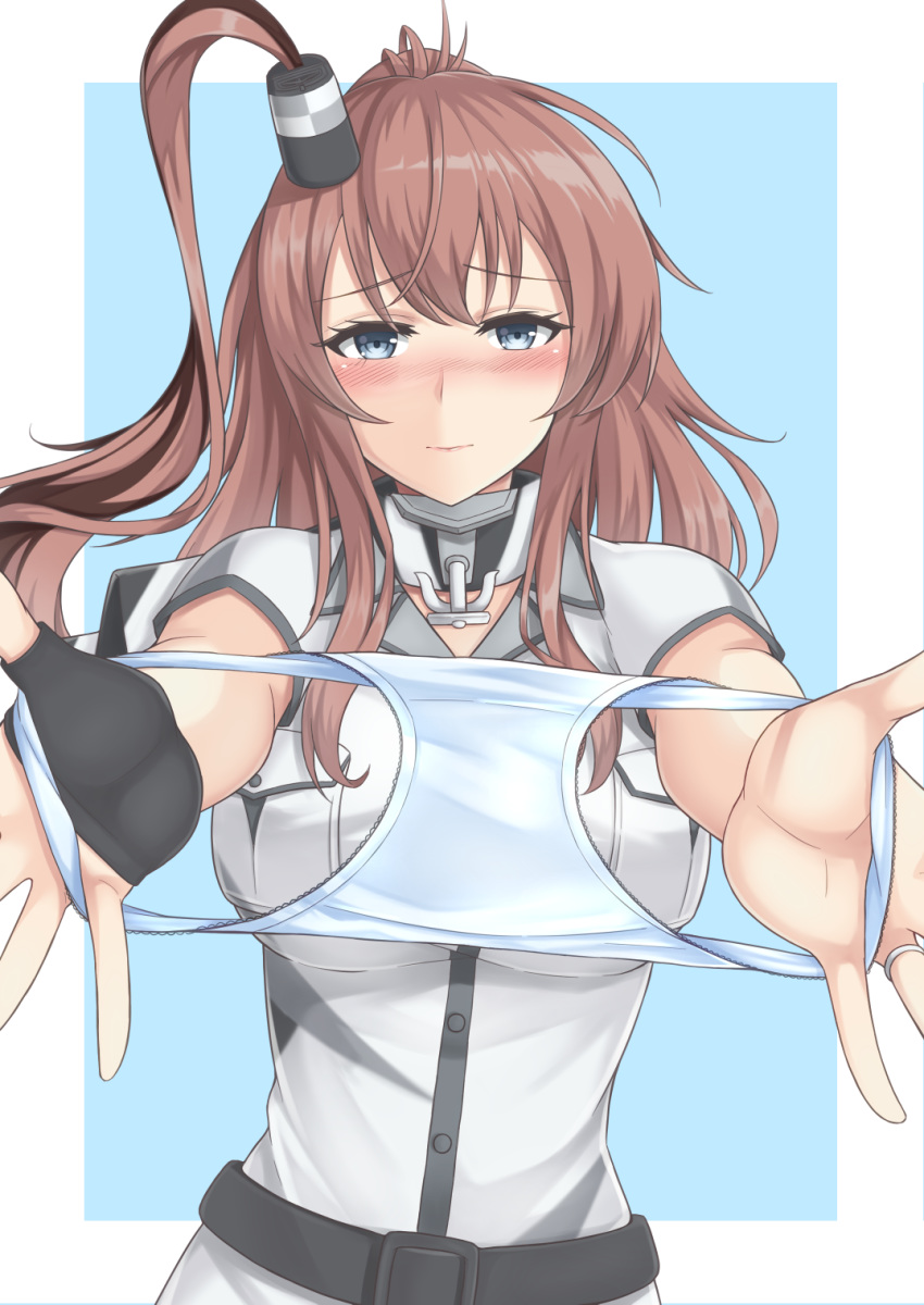1girl belt black_belt black_gloves blue_background blue_eyes blue_panties blush border breast_pocket breasts brown_hair fingerless_gloves gloves highres holding holding_clothes holding_panties holding_underwear kantai_collection large_breasts long_hair looking_at_viewer nose_blush one_side_up panties pocket ponytail remodel_(kantai_collection) saratoga_(kantai_collection) sidelocks simple_background single_glove smokestack_hair_ornament solo underwear upper_body white_border yamato_(083)