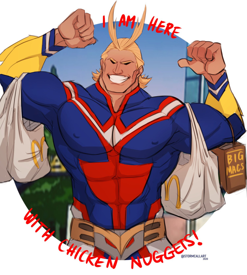 1boy all_might antenna_hair bag bara blonde_hair blue_eyes bodysuit boku_no_hero_academia chest covered_abs english_text flexing full_body grin hair_slicked_back highres male_focus mcdonald's messy_hair muscle pose shirtless shopping_bag short_hair smile stormcallart upper_body