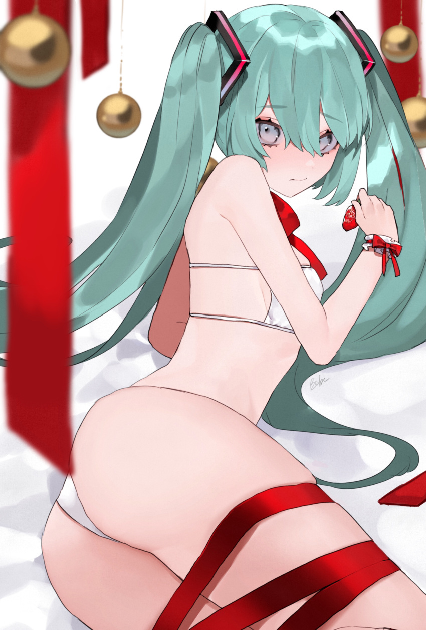 1girl 3: aqua_hair ass bauble bebe_pp bed_sheet blurry bra breasts closed_mouth cowboy_shot depth_of_field embarrassed eyelashes food fruit grey_eyes hair_between_eyes hair_ornament hatsune_miku highres holding holding_food holding_fruit long_hair looking_at_viewer looking_back lying medium_breasts on_bed on_side panties red_ribbon ribbon sidelocks signature skindentation sleeveless solo strap strawberry twintails under_boob underwear very_long_hair vocaloid white_background white_bra white_panties wrist_cuffs