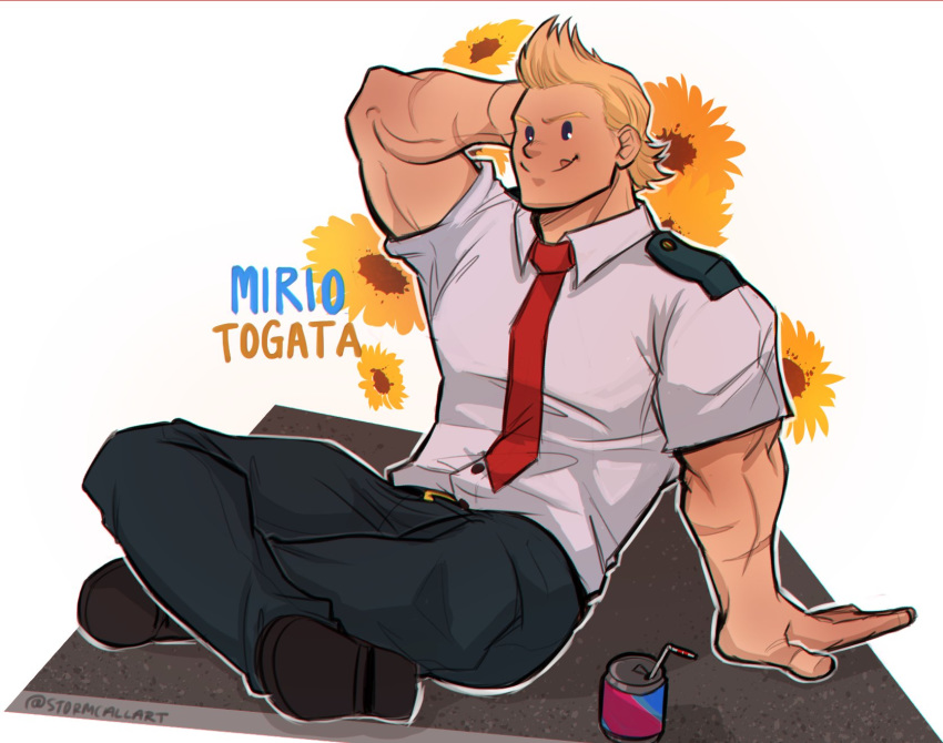 1boy :p bara blonde_hair blue_eyes boku_no_hero_academia can crossed_legs floral_background flower full_body hand_behind_head happy highres male_focus muscle necktie pants scar shirt shoes short_hair smile solo spiky_hair stormcallart sunflower tongue tongue_out toogata_mirio