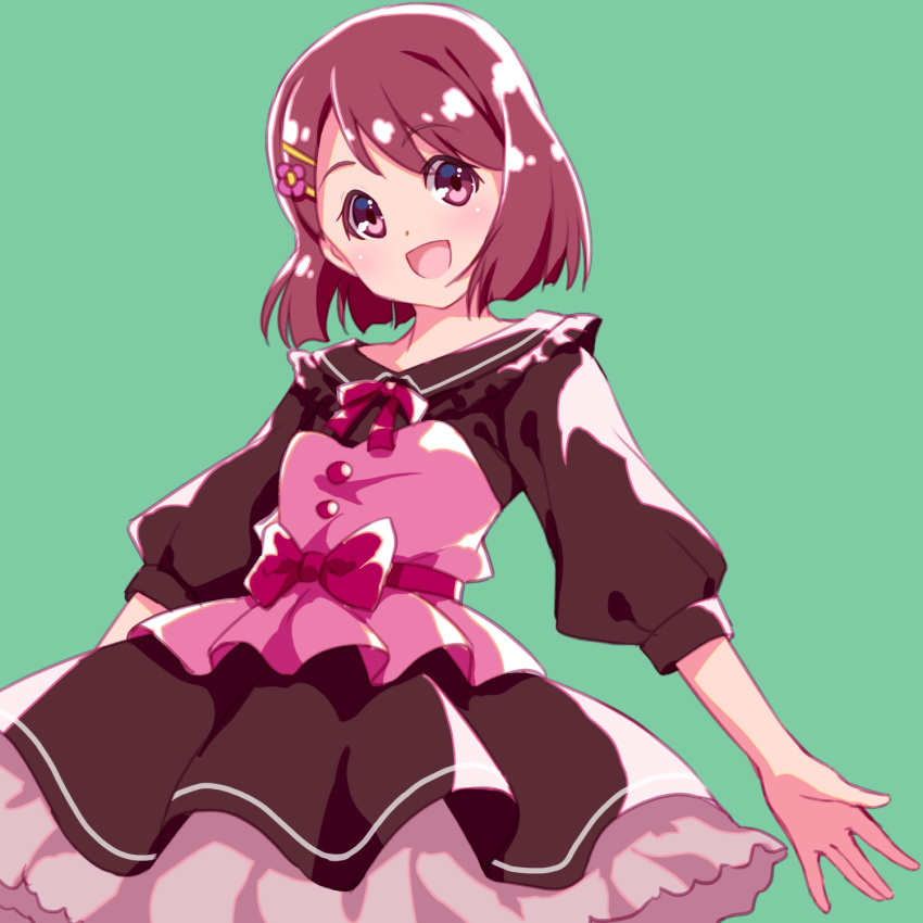 1girl :d alternate_costume bangs brown_dress brown_eyes brown_hair dress eyebrows_visible_through_hair flower green_background hair_flower hair_ornament hanadera_nodoka healin'_good_precure highres layered_dress long_sleeves looking_at_viewer medium_hair neck_ribbon open_mouth pink_flower precure red_ribbon ribbon sayousuke shiny shiny_hair simple_background smile solo standing swept_bangs