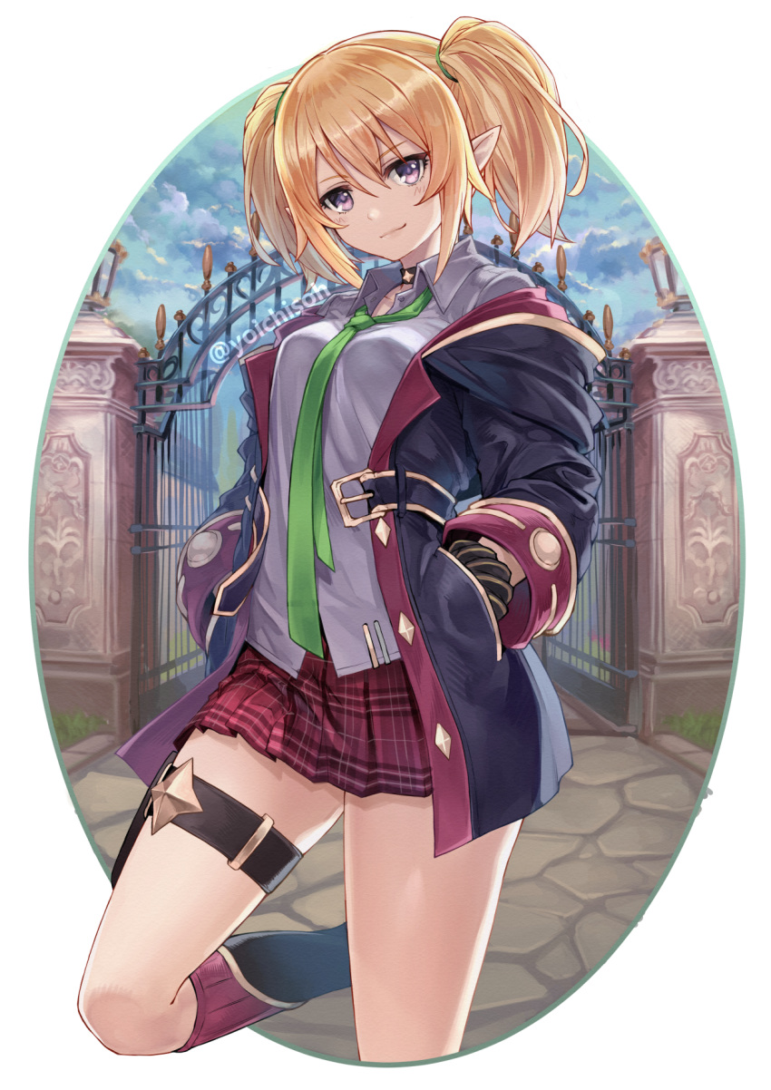 1girl artist_name blonde_hair breasts chloe_(princess_connect!) choker commentary_request cowboy_shot eyebrows_visible_through_hair gate hair_between_eyes highres itou_youichi jacket long_sleeves looking_at_viewer necktie pointy_ears princess_connect! princess_connect!_re:dive skirt small_breasts solo standing standing_on_one_leg thigh_strap twintails twitter_username violet_eyes watermark