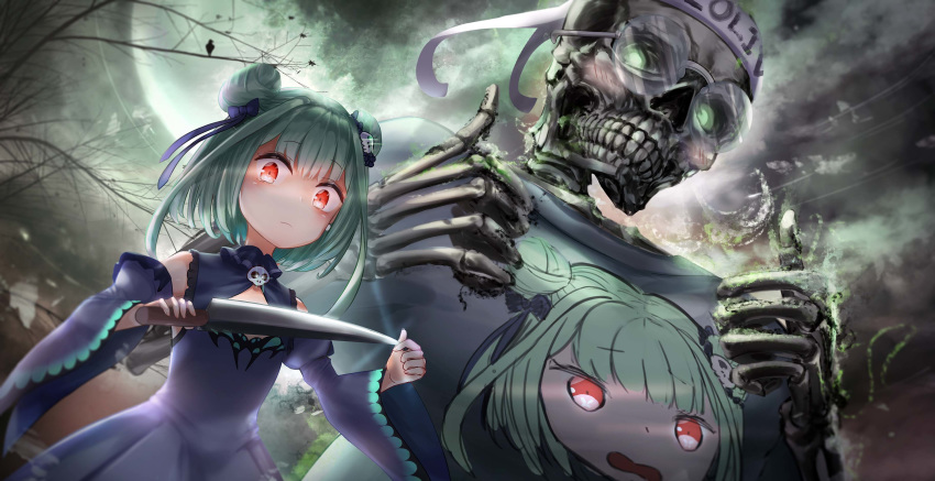 1girl absurdres detached_sleeves full_moon glasses glowing glowing_eyes green_hair hair_ornament highres hololive looking_at_viewer moon night red_eyes shaded_face skeleton solo thumbs_up tree undead uruha_rushia virtual_youtuber