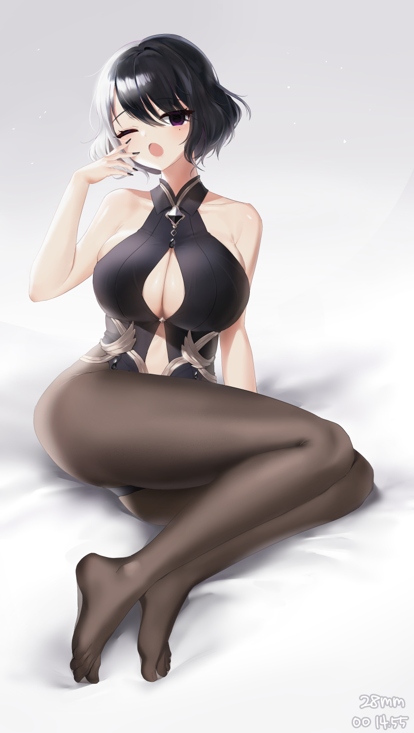 1girl absurdres artist_name artist_request bare_arms bare_shoulders bed black_hair black_legwear black_nails breasts character_request feet highres huge_breasts looking_at_viewer mabinogi no_bra one_eye_closed open_mouth panties pantyhose see-through simple_background thigh-highs toes underwear violet_eyes white_background white_hair