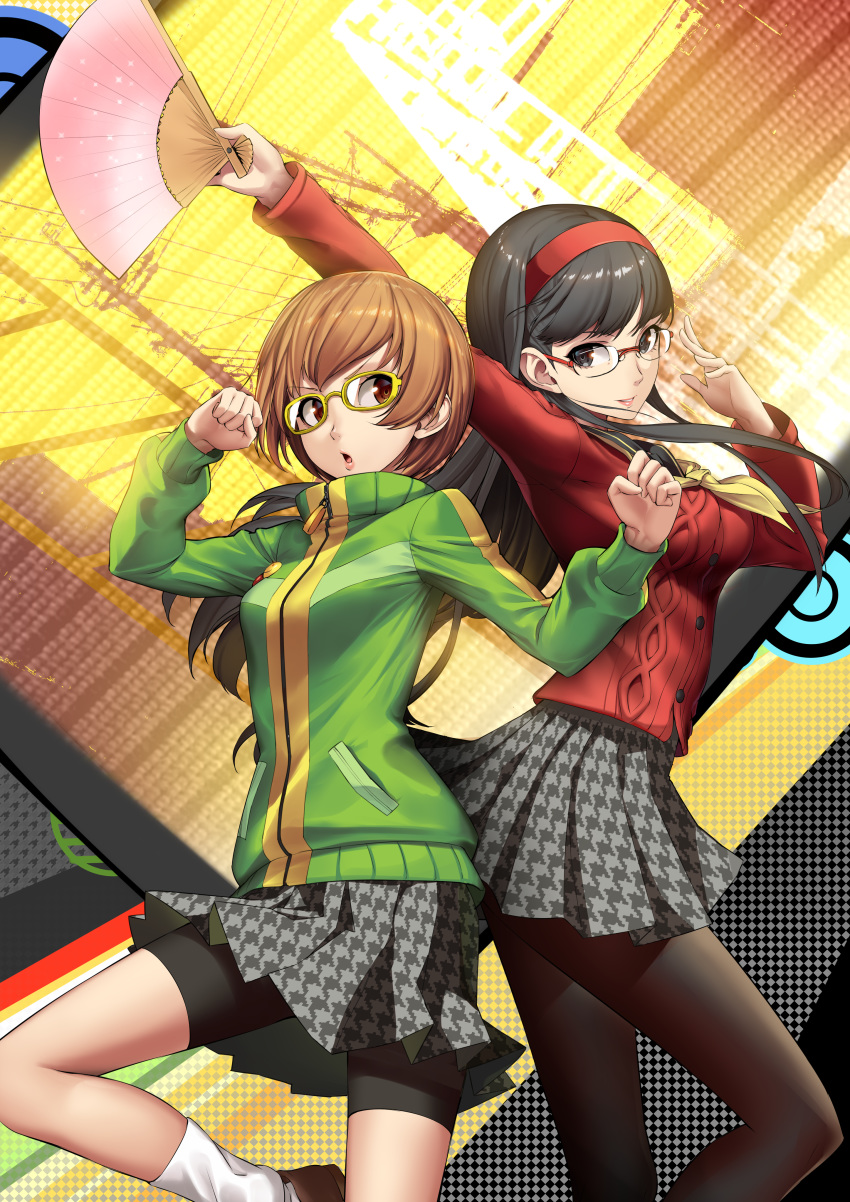 2girls :o abstract_background absurdres amagi_yukiko bangs bike_shorts black_eyes black_hair black_legwear black_sailor_collar blunt_bangs breasts brown_eyes brown_footwear brown_hair cardigan clenched_hands commentary_request cowboy_shot eyebrows_visible_through_hair fan folding_fan glasses green_jacket grey_skirt hairband highres holding holding_fan houndstooth huai_diao_de_zongzi jacket long_hair long_sleeves looking_at_viewer medium_breasts multiple_girls neckerchief open_mouth pantyhose parted_lips persona persona_4 pins pleated_skirt red_cardigan red_hairband sailor_collar satonaka_chie school_uniform serafuku shoes short_hair shorts shorts_under_skirt sidelocks skirt smile socks standing standing_on_one_leg track_jacket unmoving_pattern white_legwear yasogami_school_uniform yellow_neckwear