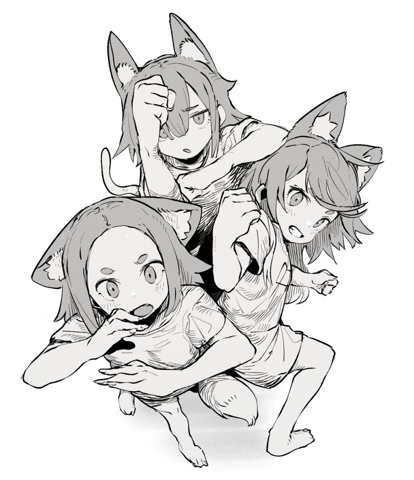 3girls :o animal_ear_fluff animal_ears bangs barefoot blush cat_ears cat_girl cat_tail clenched_hand commentary ddari dress fang from_above greyscale grin hair_between_eyes highres long_hair meme monochrome multiple_girls open_mouth original parody pose romaji_commentary short_hair short_sleeves simple_background smile tail