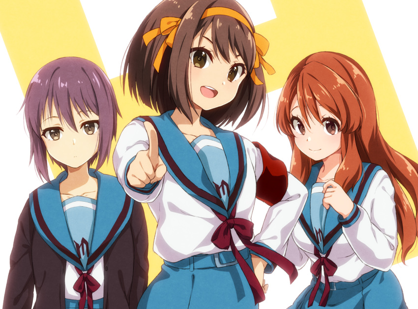 3girls armband asahina_mikuru bangs blue_sailor_collar blue_skirt brown_eyes brown_hair cardigan closed_mouth commentary_request expressionless h hair_ribbon hairband kita_high_school_uniform long_hair long_sleeves looking_at_viewer multiple_girls nagato_yuki nyanmaru_(ememing) open_mouth orange_hair purple_hair red_ribbon ribbon sailor_collar school_uniform serafuku short_hair skirt smile suzumiya_haruhi suzumiya_haruhi_no_yuuutsu yellow_hairband yellow_ribbon