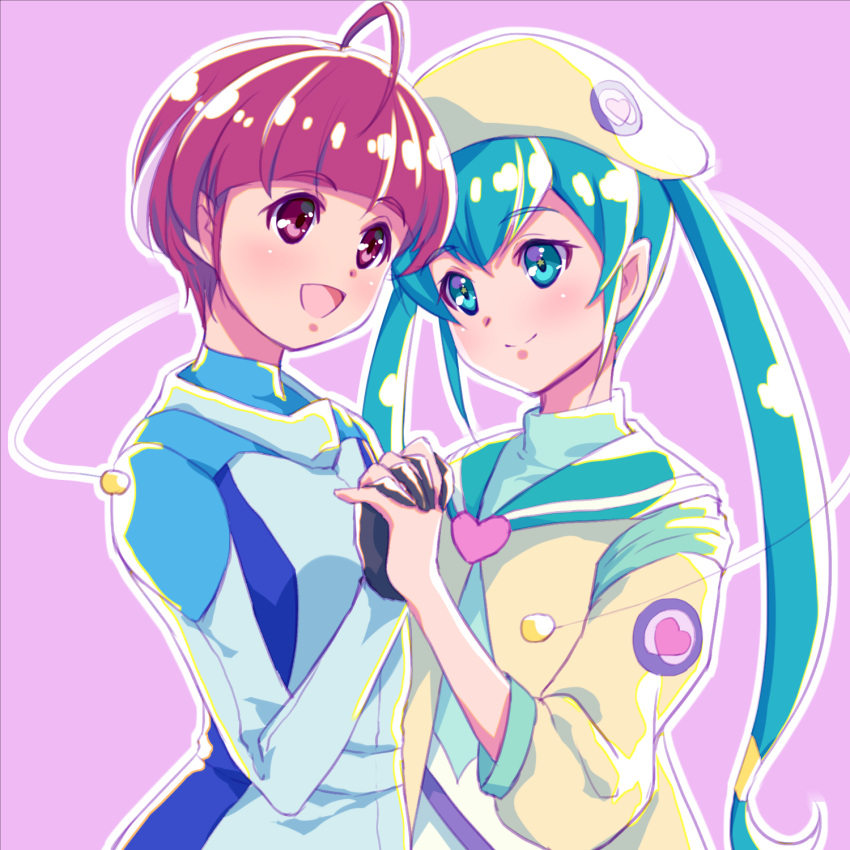 2girls :d ahoge aqua_sailor_collar bangs black_gloves blue_eyes blue_hair blue_sweater blunt_bangs closed_mouth couple eye_contact eyebrows_visible_through_hair floating_hair gloves hagoromo_lala hair_between_eyes highres holding_hands hoshina_hikaru interlocked_fingers long_hair looking_at_another multiple_girls open_mouth pink_background precure red_eyes redhead sayousuke shiny shiny_hair shirt short_hair smile star_twinkle_precure sweater turtleneck turtleneck_sweater upper_body yellow_shirt yuri