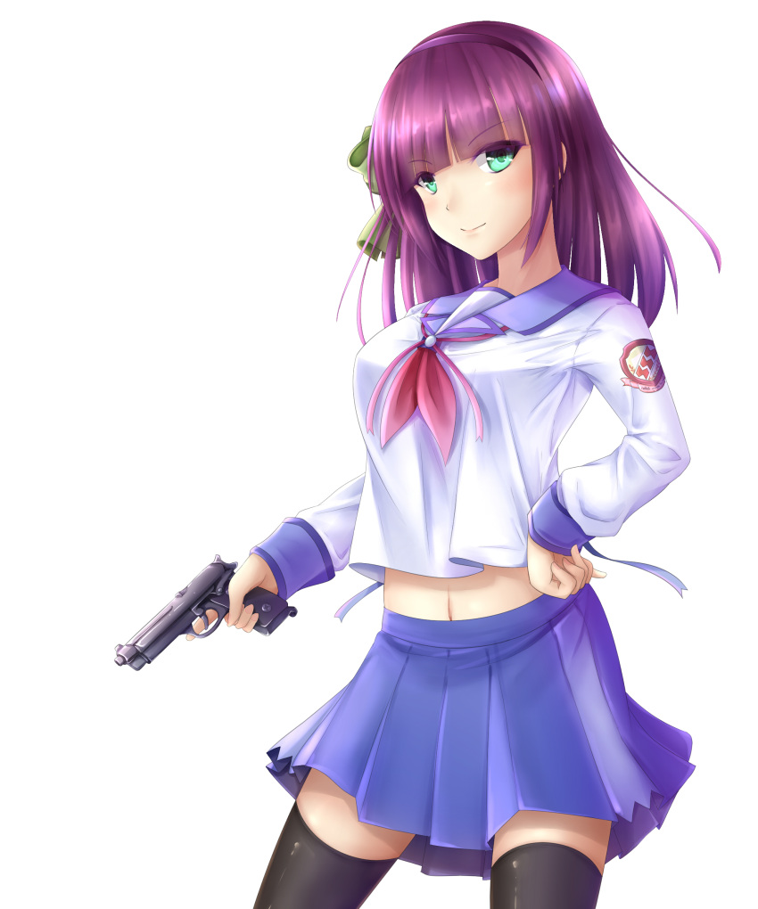 1girl absurdres angel_beats! bangs black_legwear blue_ribbon blue_sailor_collar blue_skirt blunt_bangs bow closed_mouth collared_shirt eyebrows_visible_through_hair green_bow grey_eyes gun hair_bow hairband hand_on_hip handgun highres holding holding_gun holding_weapon long_hair long_sleeves looking_at_viewer midriff miniskirt navel neckerchief pleated_skirt purple_hair purple_hairband red_neckwear ribbon sailor_collar sailor_shirt seiya_(iiseven) shiny shiny_hair shirt simple_background skirt smile solo standing stomach thigh-highs weapon white_background white_shirt yuri_(angel_beats!) zettai_ryouiki