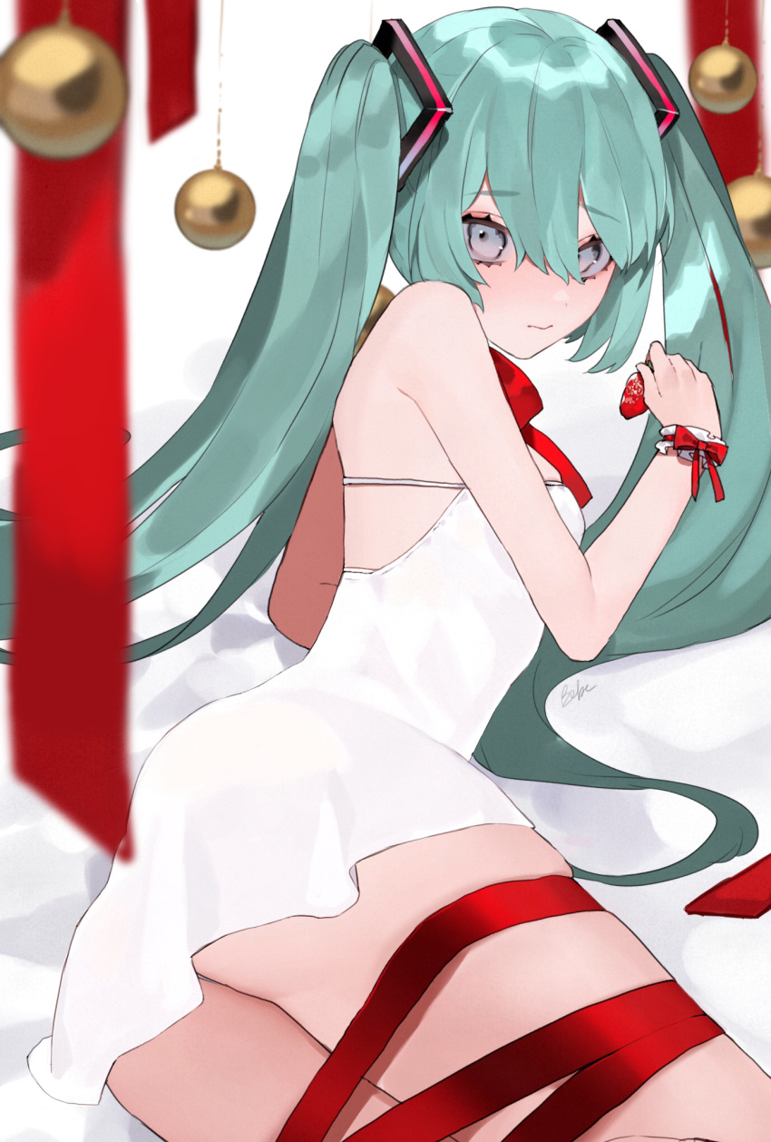 1girl 3: aqua_hair ass bare_shoulders bauble bebe_pp bed_sheet blurry closed_mouth cowboy_shot depth_of_field dress embarrassed eyelashes food fruit grey_eyes hair_between_eyes hair_ornament hatsune_miku highres holding holding_food holding_fruit long_hair looking_at_viewer looking_back lying on_bed on_side red_ribbon ribbon short_dress sidelocks signature skindentation sleeveless sleeveless_dress solo strap strawberry twintails very_long_hair vocaloid white_background white_dress wrist_cuffs
