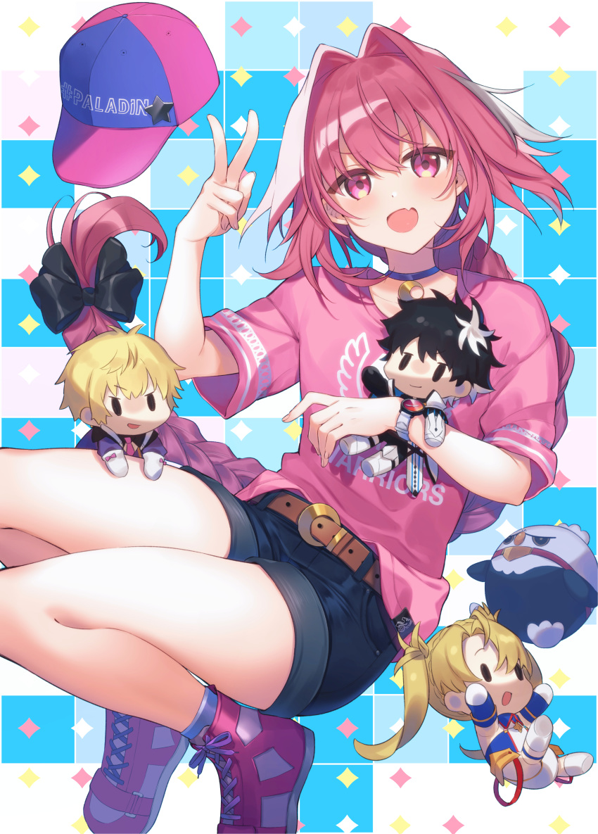 1girl 3boys :d absurdres astolfo_(fate) bare_legs baseball_cap belt belt_buckle black_hair blonde_hair bradamante_(fate/grand_order) braid braided_ponytail buckle charlemagne_(fate) choker citron_82 commentary_request english_text fang fate/grand_order fate_(series) hair_between_eyes hat highres long_hair looking_at_viewer multiple_boys open_mouth otoko_no_ko pink_eyes pink_hair roland_(fate/grand_order) shoes short_sleeves shorts skin_fang smile sneakers star_(symbol) v watch