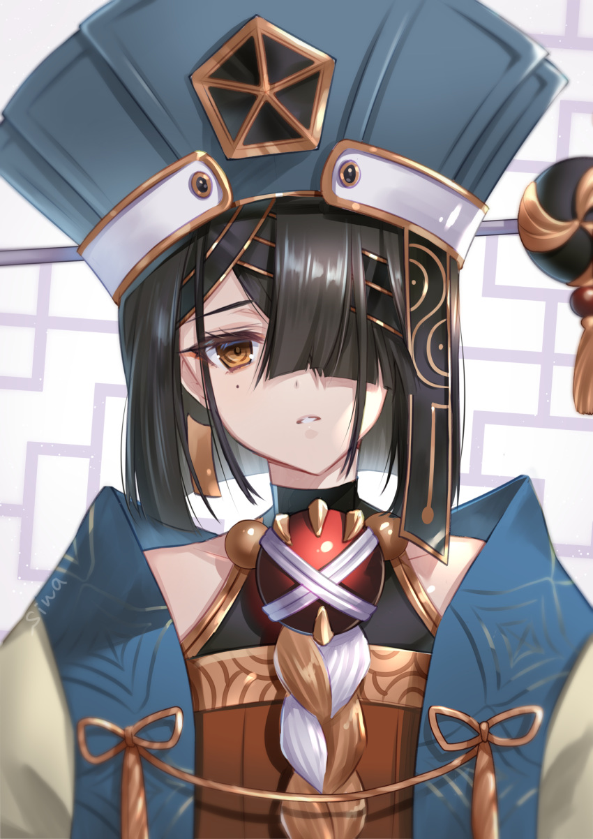 1girl black_gloves black_hair blue_headwear breasts chinese_clothes consort_yu_(fate) fate/grand_order fate_(series) gem gloves hair_between_eyes hair_ornament hair_over_one_eye hair_stick highres looking_at_viewer medium_hair mole mole_under_eye parted_lips simple_background sina_(sinasinatu) small_breasts solo straight_hair tassel upper_body xu_fu_(fate) yellow_eyes