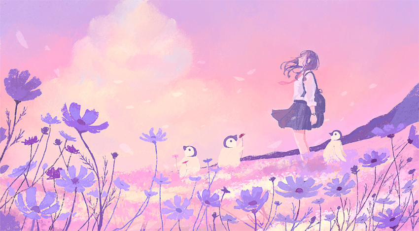 1girl animal backpack bag bird closed_eyes closed_mouth field flower flower_field hill landscape long_hair medium_hair nature original outdoors penguin pink_sky scenery skirt sky smile solo_focus standing sunset tabisumika watch wide_shot