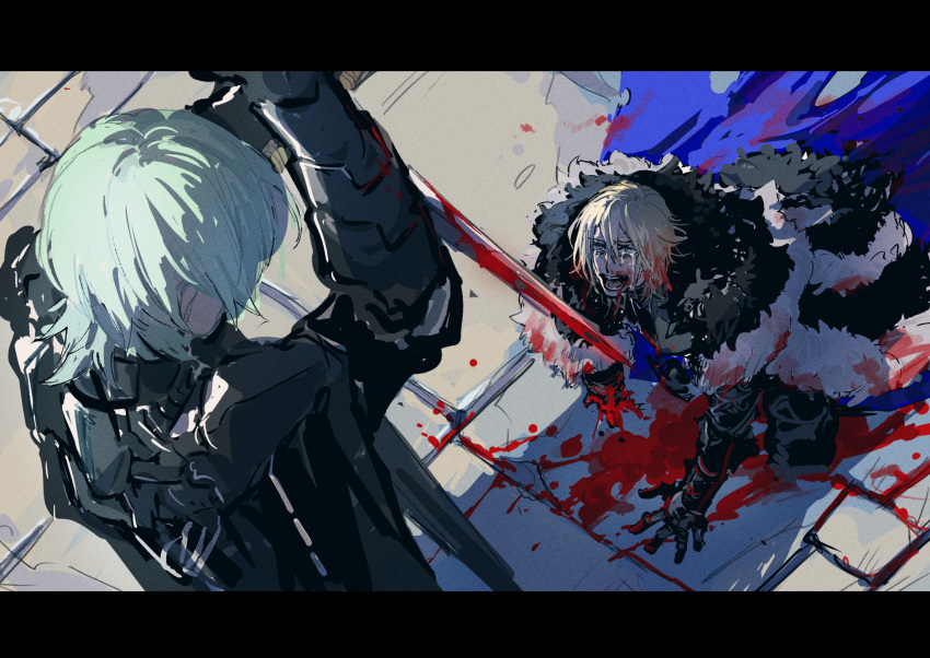 2boys aqua_hair arms_up bangs black_coat bleeding blonde_hair blood blood_on_face bloody_clothes bloody_hair bloody_weapon blue_cloak byleth_(fire_emblem) byleth_eisner_(male) byleth_eisner_(male) cloak coat crying dimitri_alexandre_blaiddyd facing_another fire_emblem fire_emblem:_three_houses fire_emblem:_three_houses fire_emblem_16 from_above full_body fur_trim gauntlets hair_between_eyes hand_on_ground highres holding holding_sword holding_weapon injury intelligent_systems kneeling letterboxed long_coat looking_at_another looking_up male_focus male_my_unit_(fire_emblem:_three_houses) medium_hair missing_limb multiple_boys my_unit_(fire_emblem:_three_houses) nintendo ogata_tomio open_mouth pool_of_blood sad shouting sketch sword upper_body weapon