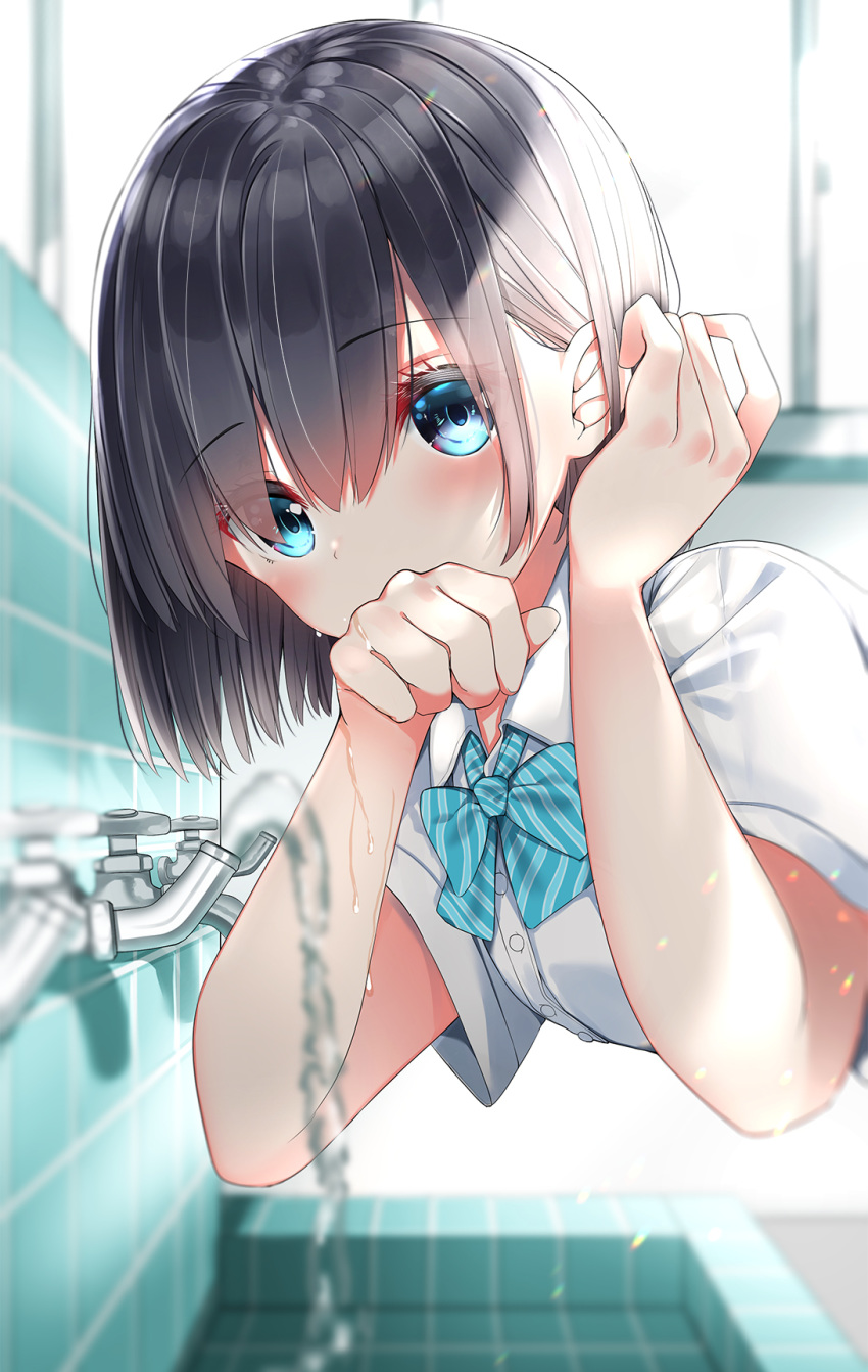 1girl bangs black_hair blue_bow blue_eyes blurry blurry_background blurry_foreground blush bob_cut bow collared_shirt covered_mouth depth_of_field diagonal_stripes dress_shirt eyebrows_visible_through_hair faucet hair_between_eyes hands_up highres indoors neku_(neku_draw) original school_uniform shirt solo striped striped_bow sunlight tile_wall tiles upper_body water white_shirt window
