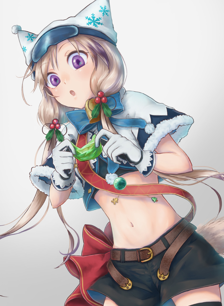 1girl :o arknights belt black_shorts brown_belt capelet cardigan_(arknights) commentary cowboy_shot crop_top eyebrows_visible_through_hair gloves grey_background grey_hair hair_ornament highres holding holly_hair_ornament long_hair looking_at_viewer midriff navel open_mouth short_shorts shorts snowflake_print solo standing stomach violet_eyes white_capelet white_gloves white_headwear yukanomokume