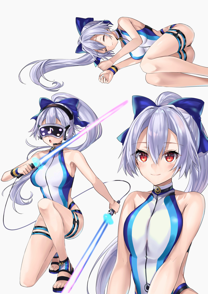 1girl absurdres bangs blue_bow blue_swimsuit bow breasts fate/grand_order fate_(series) hair_between_eyes hair_bow hane_yuki highleg highleg_swimsuit highres large_breasts long_hair looking_at_viewer multiple_views one-piece_swimsuit ponytail red_eyes silver_hair swimsuit thighs tomoe_gozen_(fate/grand_order) tomoe_gozen_(swimsuit_saber)_(fate) two-tone_swimsuit white_swimsuit