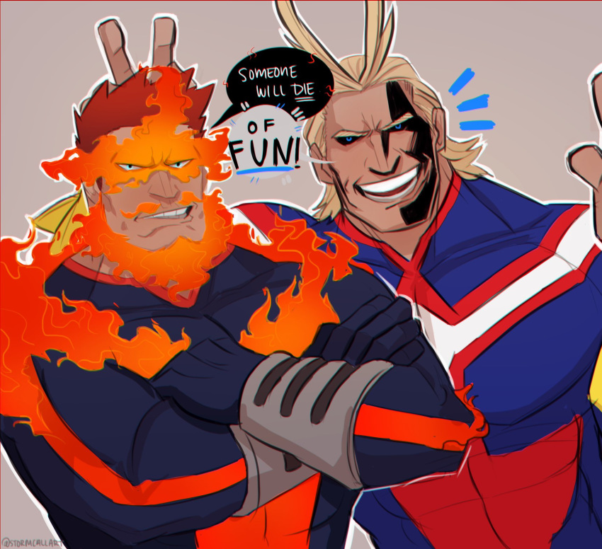 2boys all_might antenna_hair bara blonde_hair blue_eyes body_hair bodysuit boku_no_hero_academia chest english_text facial_hair full_body hair_slicked_back highres male_focus meme multiple_boys muscle pectorals redhead short_hair spiky_hair stormcallart todoroki_enji upper_body v