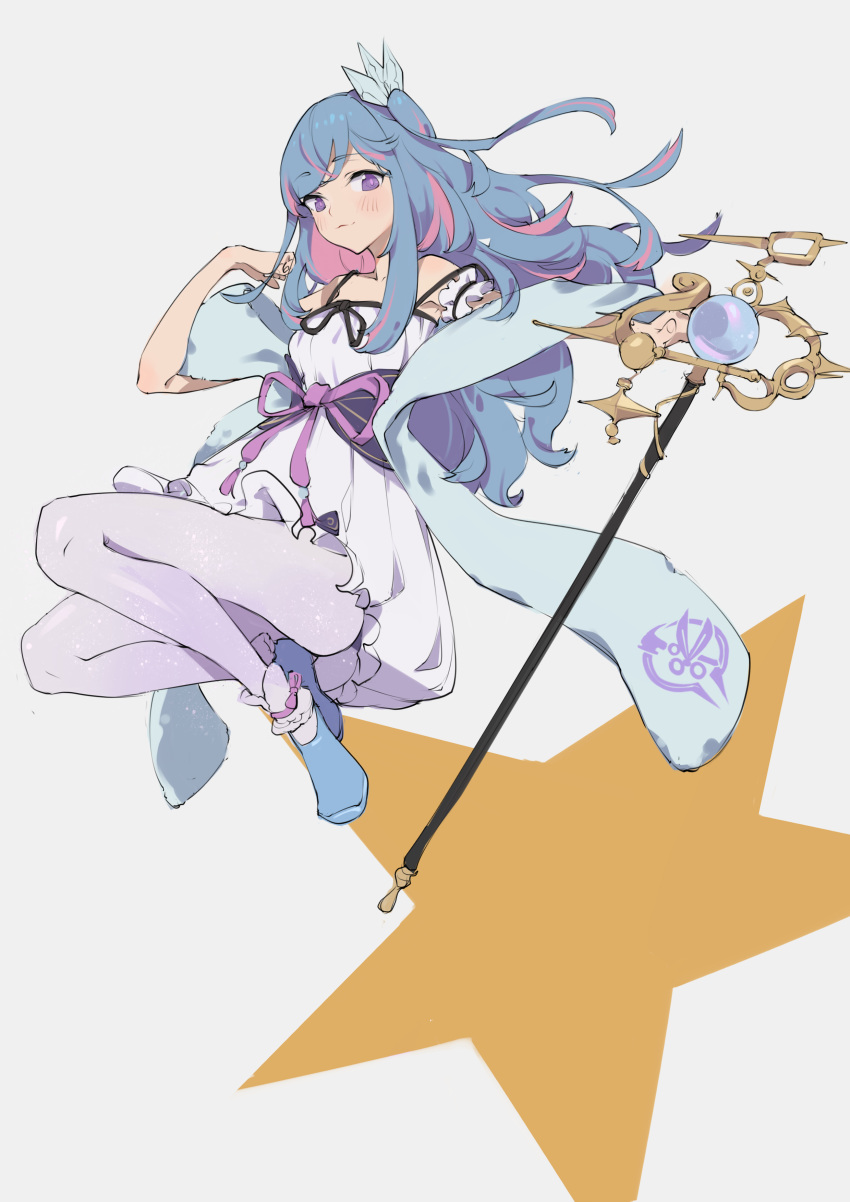 1girl 523_(user_efcm2455) absurdres blue_hair duel_monster floating highres holding holding_staff long_hair looking_down magical_girl solo staff star_(symbol) violet_eyes witchcraft_master_verre yuu-gi-ou