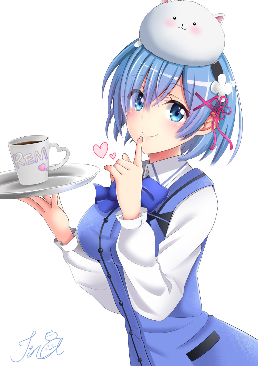 1girl absurdres animal_on_head bangs black_hairband blue_eyes blue_hair blue_vest bunny_on_head character_name closed_mouth coffee collared_shirt cosplay cup eyebrows_visible_through_hair finger_to_mouth flower gochuumon_wa_usagi_desu_ka? hair_between_eyes hair_flower hair_ornament hair_ribbon hairband heart highres holding holding_plate index_finger_raised kafuu_chino kafuu_chino_(cosplay) long_sleeves looking_at_viewer minase_inori on_head plate rabbit rabbit_house_uniform re:zero_kara_hajimeru_isekai_seikatsu red_ribbon rem_(re:zero) ribbon seiyuu_connection shiny shiny_hair shirt short_hair shushing signature simple_background smile solo teacup tina_(pixiv37050289) tippy_(gochiusa) upper_body vest white_background white_flower white_shirt wing_collar x_hair_ornament