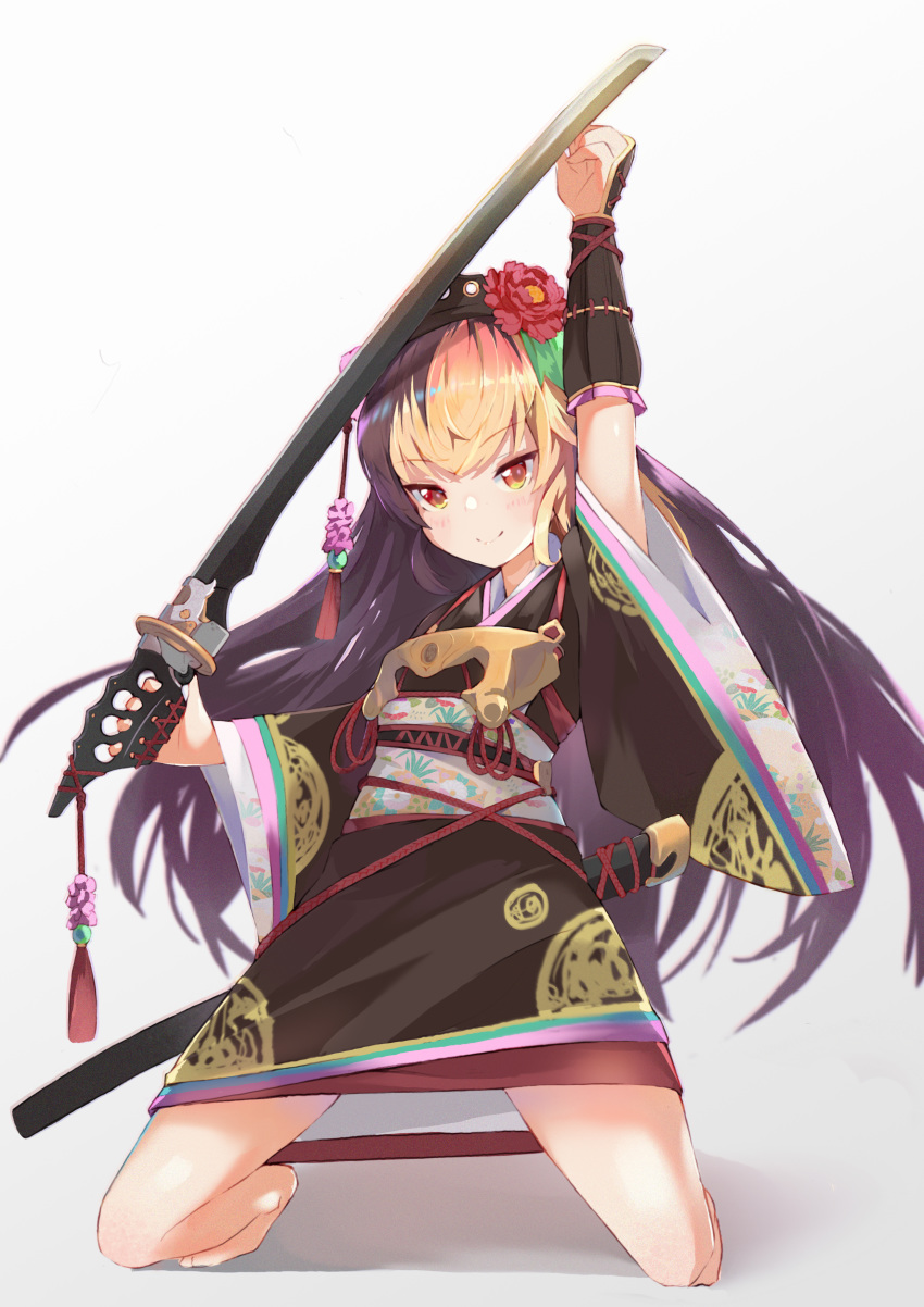 1girl absurdres arm_up armor bangs barefoot black_kimono blonde_hair brown_eyes closed_mouth copyright_request eyebrows_visible_through_hair flower gradient gradient_background grey_background hair_flower hair_ornament highres holding holding_weapon japanese_armor japanese_clothes kimono kneeling kote long_hair long_sleeves piliheros2000 red_flower shadow smile solo very_long_hair weapon white_background wide_sleeves
