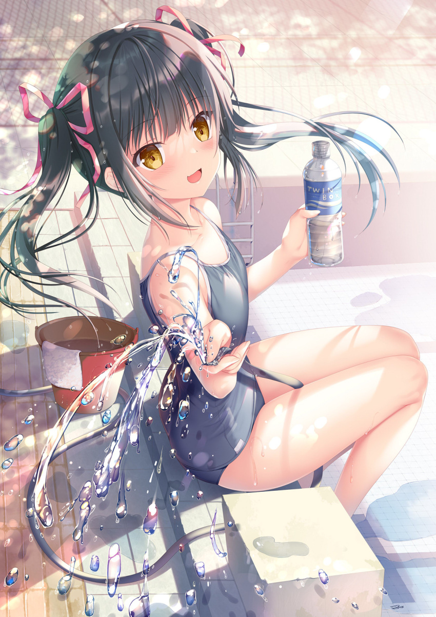 1girl :d bangs bare_legs between_thighs black_hair black_swimsuit blunt_bangs bottle breasts bucket commentary eyebrows_visible_through_hair hair_ribbon highres holding holding_bottle holding_hose hose kodama_haruka long_hair looking_at_viewer open_mouth pool poolside ribbon school_swimsuit shadow sidelocks sitting small_breasts smile solo sousouman sunlight swimsuit thighs twinbox_school twintails water water_bottle wet yellow_eyes