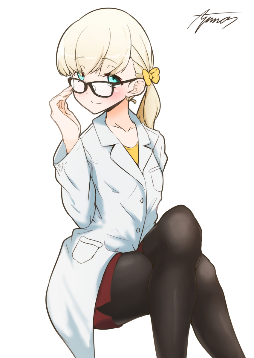 1girl adjusting_eyewear alternate_costume ayuman bangs bespectacled black_legwear blonde_hair blue_eyes commentary_request crossed_legs doctor glasses hair_ornament hair_ribbon highres invisible_chair kantai_collection labcoat long_hair looking_at_viewer pantyhose pencil_skirt red_skirt ribbon shin'you_(kantai_collection) shirt simple_background sitting skirt solo white_background yellow_shirt