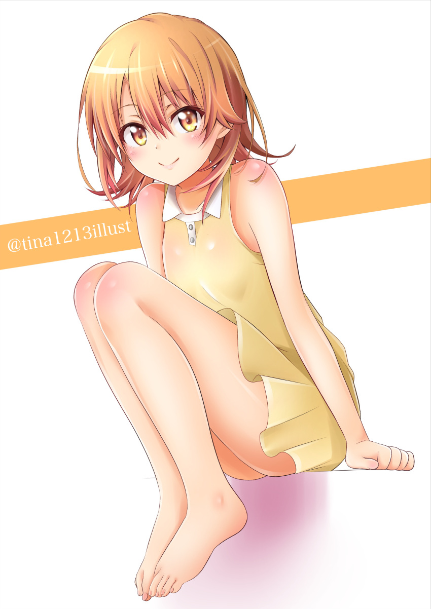 1girl absurdres bangs barefoot blush brown_hair closed_mouth dress eyebrows_visible_through_hair full_body hair_between_eyes highres isshiki_iroha looking_at_viewer pleated_dress shiny shiny_hair short_dress short_hair sitting sleeveless sleeveless_dress smile solo sweater tina_(pixiv37050289) twitter_username white_background yahari_ore_no_seishun_lovecome_wa_machigatteiru. yellow_dress yellow_sweater younger