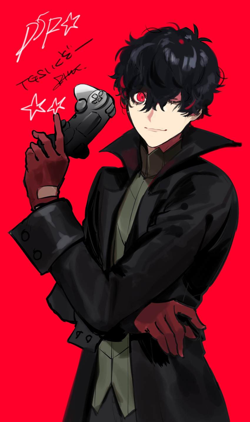 1boy absurdres amamiya_ren bangs black_coat black_hair btmr_game closed_mouth coat controller crossed_arms game_console game_controller gloves hair_between_eyes highres holding long_sleeves male_focus one_eye_closed persona persona_5 persona_5_the_royal playstation_4 red_background red_eyes red_gloves simple_background solo star_(symbol)