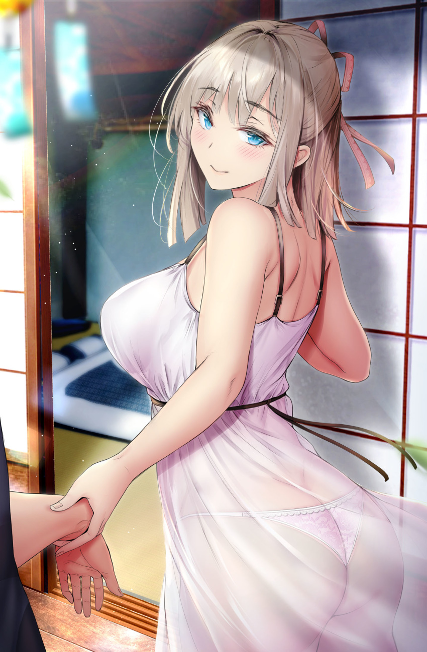 1boy 1girl ass back bangs bare_shoulders bed blue_eyes blush breasts closed_mouth commentary_request doorway dress eyebrows_visible_through_hair gentsuki hair_pulled_back hair_ribbon highres holding_another's_arm large_breasts lavender_dress looking_at_viewer medium_hair original out_of_frame panties photoshop_(medium) ribbon see-through shouji sidelocks sliding_doors smile thighs thong underwear white_dress white_hair white_panties
