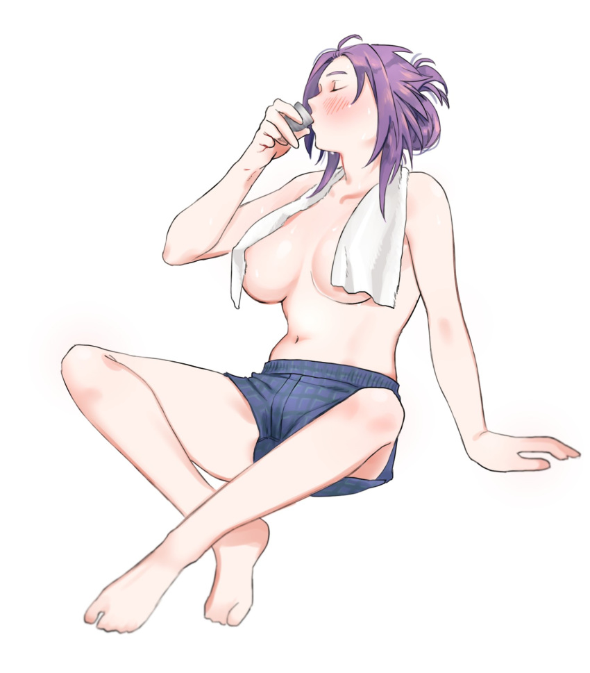 1girl ahoge boyshort_panties breasts choko_(cup) closed_eyes cup drinking folded_ponytail highres jun'you_(kantai_collection) kantai_collection large_breasts long_hair navel panties purple_hair shishanmo simple_background solo spiky_hair towel towel_around_neck underwear underwear_only white_background white_towel