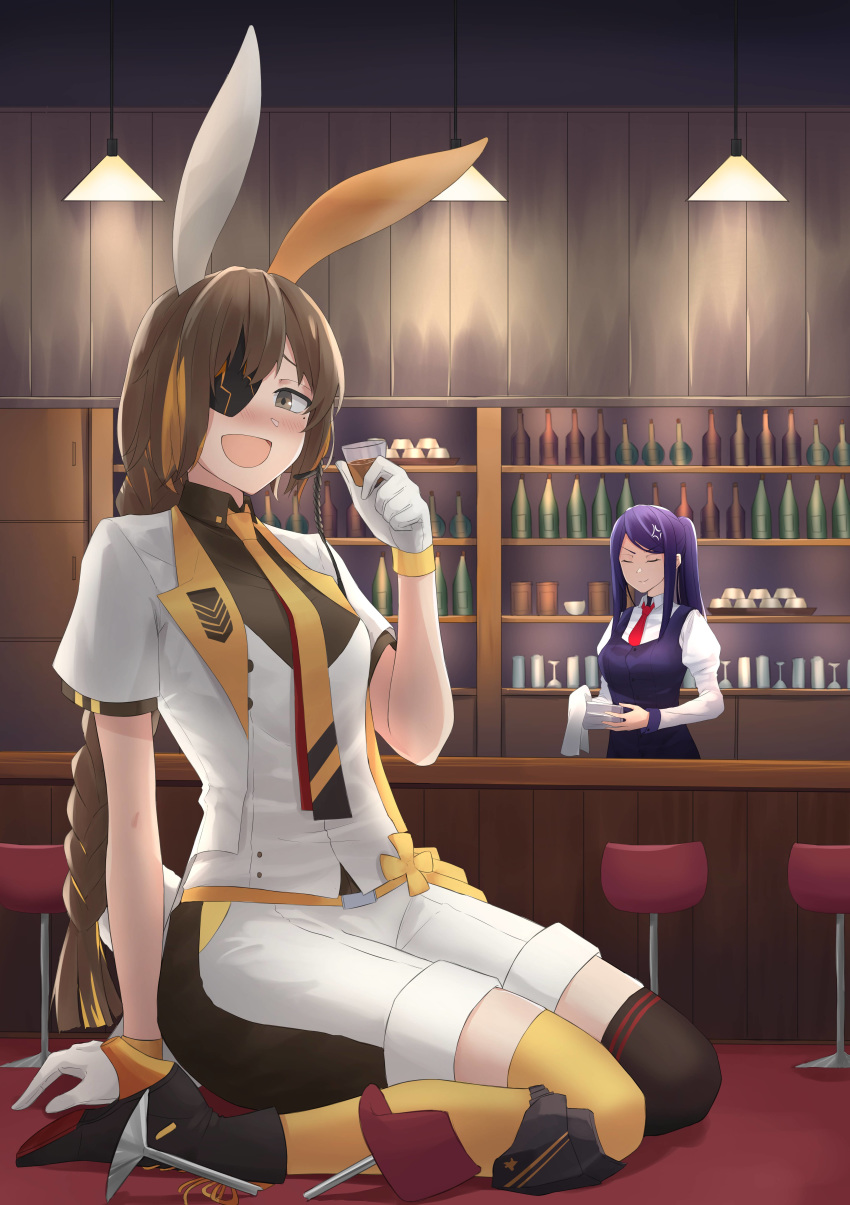2girls absurdres alcohol alternate_costume anger_vein animal_ears artist_request bar broken commission crossover cup drinking drinking_glass eyepatch formal giantess grifon_&amp;_kryuger highres jill_stingray m16a1_(girls_frontline) multiple_girls necktie nier_(series) rabbit_ears size_difference stool suit va-11_hall-a whiskey