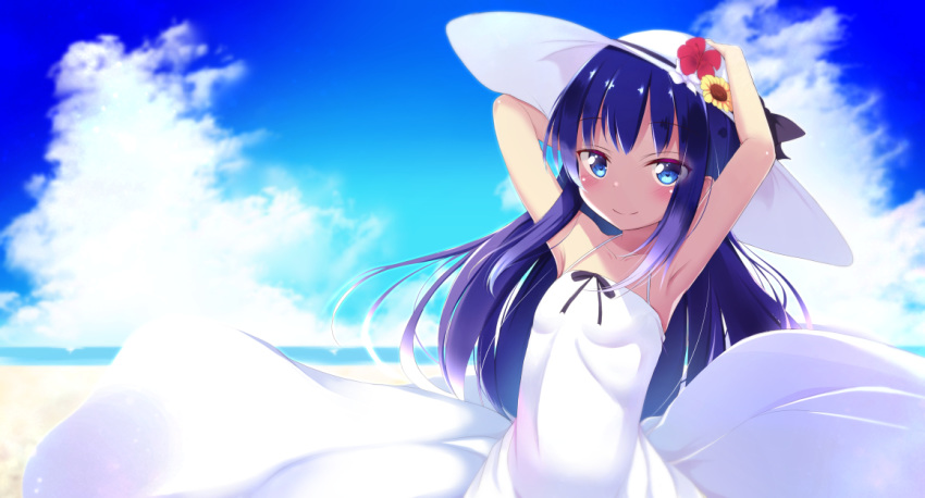 1girl armpits arms_up bangs black_bow black_ribbon blue_eyes blue_sky blurry blurry_background blush bow breasts closed_mouth clouds day depth_of_field dress eyebrows_visible_through_hair flower hat hat_bow hat_flower horizon long_hair looking_at_viewer ocean original outdoors ponpon_(tosico) purple_hair red_flower ribbon sky sleeveless sleeveless_dress small_breasts smile solo sun_hat sunflower very_long_hair white_dress white_flower white_headwear yellow_flower