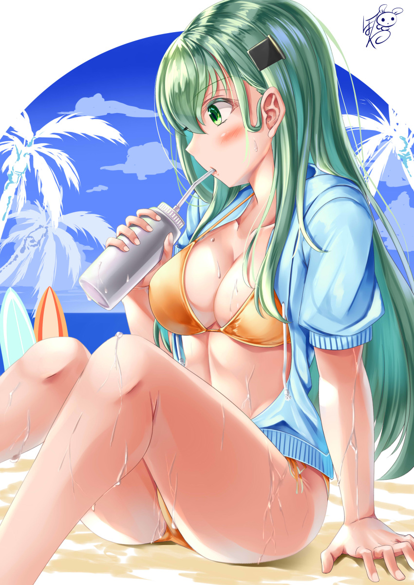 1girl absurdres ayakase_hotaru bikini blue_jacket blush breasts collarbone day drink drinking drinking_straw eyebrows_visible_through_hair gold_bikini green_eyes green_hair hair_between_eyes hair_ornament hairclip highres holding holding_drink jacket kantai_collection large_breasts long_hair open_clothes open_jacket palm_tree short_sleeves signature solo suzuya_(kantai_collection) swimsuit tree