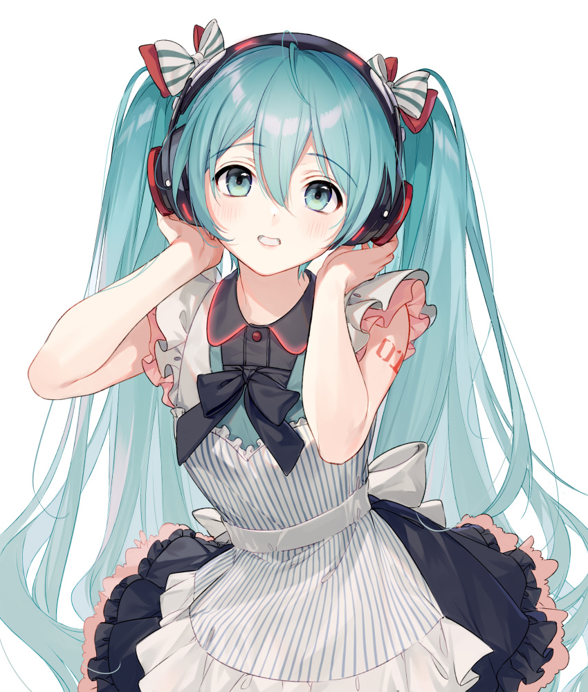 1girl absurdres al_mican alternate_costume apron aqua_hair bangs bare_arms black_bow black_dress blush bow commentary_request cowboy_shot dress frilled_dress frills grin hair_bow hands_up hatsune_miku headphones headset highres long_hair looking_at_viewer musical_note number_tattoo red_bow shoulder_tattoo simple_background sleeveless smile solo striped striped_apron striped_bow tattoo twintails vertical-striped_apron very_long_hair vocaloid white_apron white_background white_bow