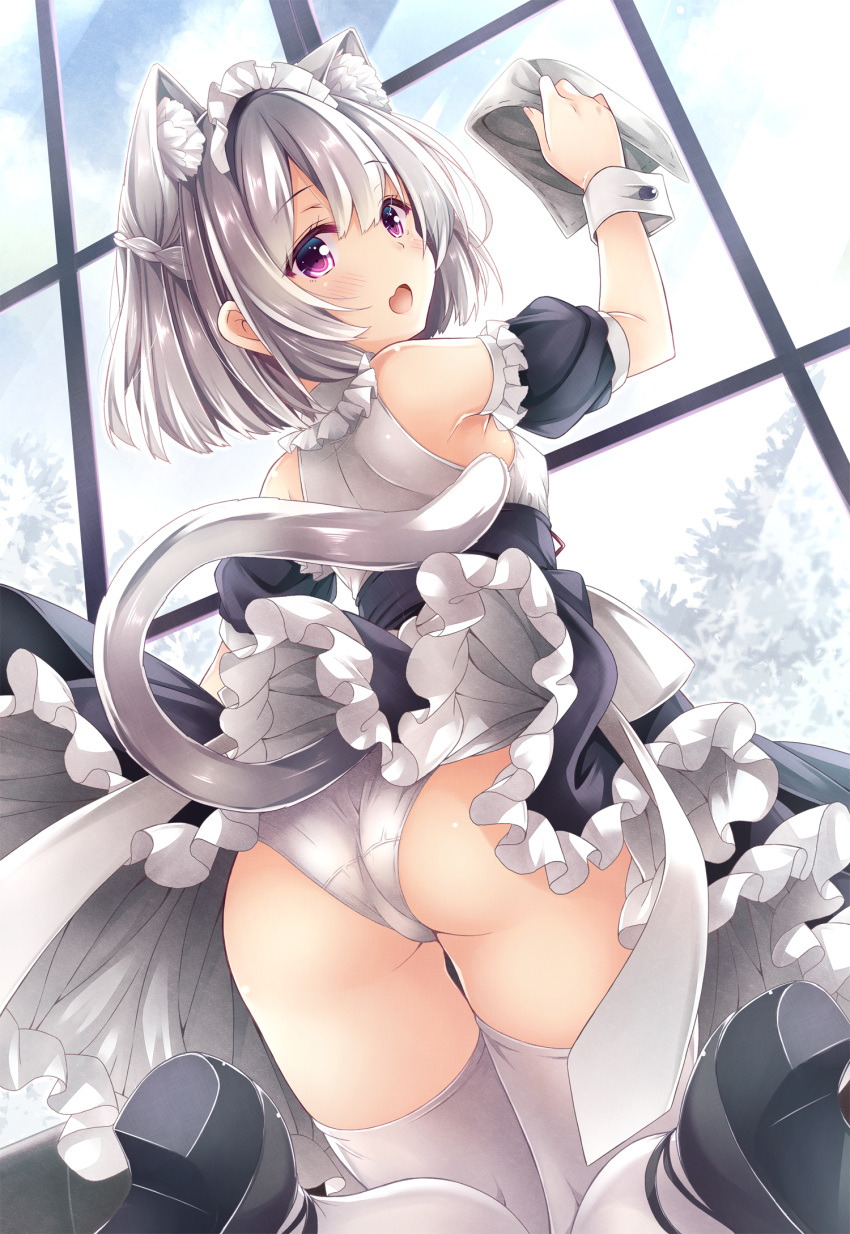 1girl :o animal_ears ass bare_shoulders black_footwear black_skirt breasts cat_ears cat_girl cat_tail commentary_request day detached_sleeves frilled_skirt frills highres holding indoors looking_at_viewer looking_back maid maid_headdress open_mouth original panties pantyshot rag ryo_(botugo) shirt shoes short_hair short_sleeves skirt small_breasts solo tail thigh-highs underwear white_panties white_shirt window wrist_cuffs